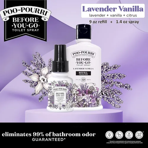 Vista 2 de Poo-Pourri Botella de repuesto de vainilla de lavanda de 9 onzas y botella recargable de 1.4 onzas y vainilla de lavanda