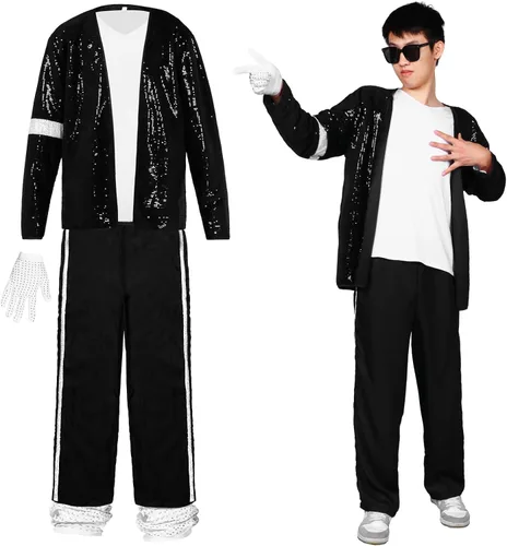 Vista 3 de DreamJ Disfraz de baile de lentejuelas para niños, disfraz de Halloween con chaqueta, camiseta, guante, juego de rol, disfraz de baile