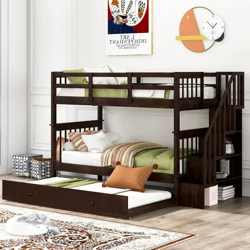 Vista 3 de Harper & Bright Designs Litera Individual sobre Individual con Escaleras y Cama Nido, Marco de Litera de Escalera de Madera Maciza con Espresso