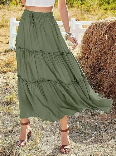 Vista 5 de Avanova Falda larga casual con volantes y cintura alta elástica para mujer