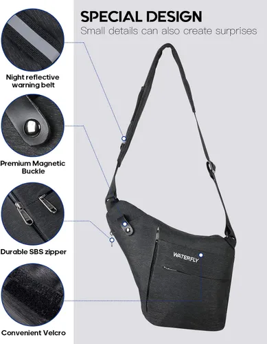 Vista 5 de WATERFLY Bolso bandolera bandolera con eslinga bolsa cruzada delgada antirrobo mochila sobre el hombro paquete lateral sigiloso para hombre y mujer