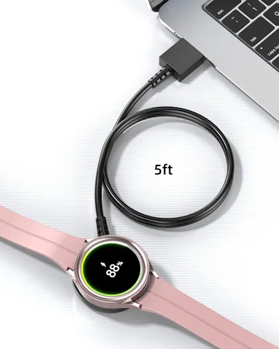Vista 5 de Paquete de 2/5 pies para cargador de reloj Samsung compatible con Galaxy 7/6/6 Classic/5/5 Pro/4/4 Classic/3/Active Ultra/FE cable de carga USB-Negro