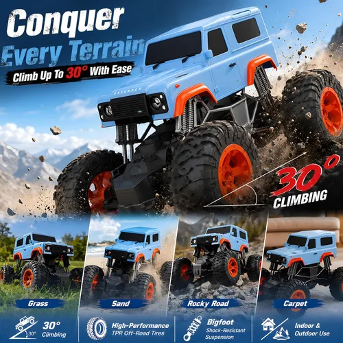 Vista 3 de DOUBLE E 1:18 Land Rover Defender D90 RC Camión, 4WD Bigfoot Monster Truck con 2 calcomanías de bricolaje, auto RC de 2.4 GHz, control de 100 pies