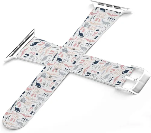 Vista 3 de Correa de muñeca compatible con Apple Watch Series 7/6/5/4/3/2/1/SE y funda de teléfono a juego con estampado rosa, correa de dinosaurios