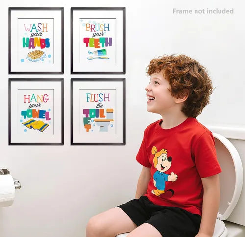 Vista 3 de heshengzaixian Divertido arte de pared con citas para el baño de niños, impresiones coloridas para niños, póster de pintura para baño, baño, regalo