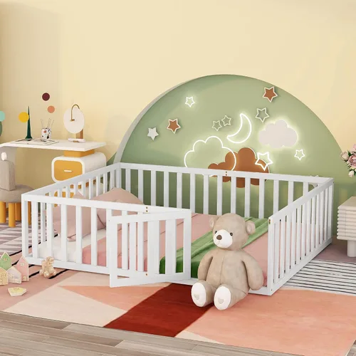 Vista 19 de Harper & Bright Designs Cama Montessori doble con valla y puertas, marco de cama de piso para espacios pequeños, sin rejas, gris