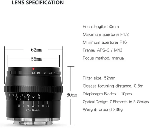 Vista 6 de TTArtisan 50mm F1.2 APS-C Lente de Enfoque Manual para Cámaras de Montura MFT M43 Como EPM1 EPM2 EPL1 EPL2 EPL3 EPL5 EPL6 EPL7 EPL8 EPL9 E-P1 E-P2
