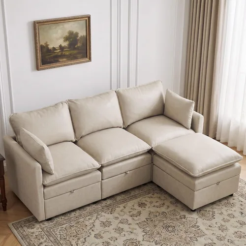 Vista 63 de Otomana cuadrada grande de 27 pulgadas con almacenamiento, reposapiés tapizado moderno con patas antideslizantes para sofá, mesa de café, sala