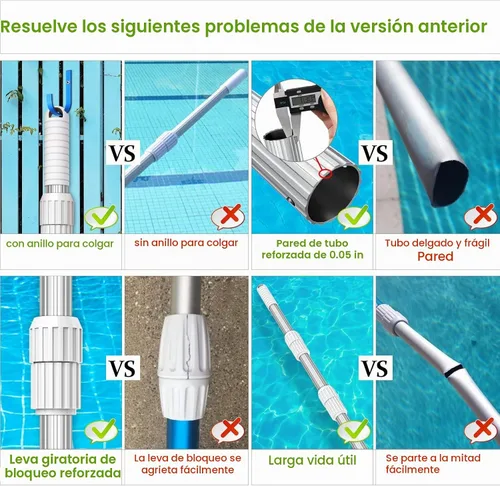Vista 6 de Poste de piscina mejorado de 15 pies, poste telescópico de limpieza de piscina, poste profesional ajustable para red de desnatador, rastrillo