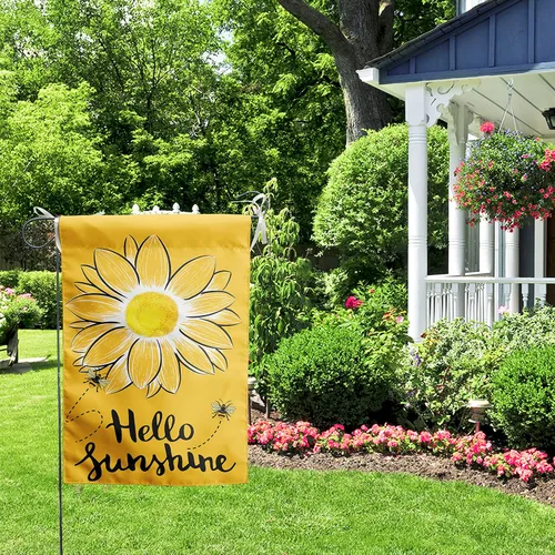 Vista 7 de Bandera de Jardín Hello Sunshine con Abeja y Girasol, Banderas de Jardín de Verano para Exteriores, Bandera de Flores Amarillas 12x18 pulgadas Doble