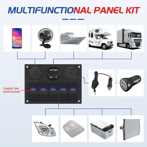 Vista 5 de RVMARINEPAT - Panel de interruptores marinos impermeable de 12 voltios, 5 mandos, interruptor basculante azul con luz, con doble toma USB de 4,8 A