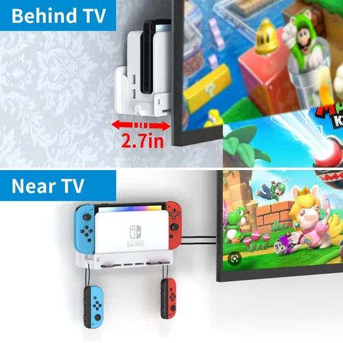 Vista 3 de SOKUSIN Wall Mount for Nintendo SwitchOLED - Wall Mount Kit Shelf Stand for Safely Store Your Console, Dock, Games, Controller NearBehind TV (White)
