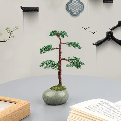 Vista 3 de rockcloud Árbol bonsái de alambre de aluminio artesanal con base de cerámica, árbol de dinero de piedra artificial para Feng Shui oficina decoración
