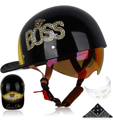 Vista 9 de Gorra de béisbol para motocicleta, 3 unidades, aprobado por DOT, estilo vintage, cara abierta, unisex, para adultos, medios cascos de doble lente