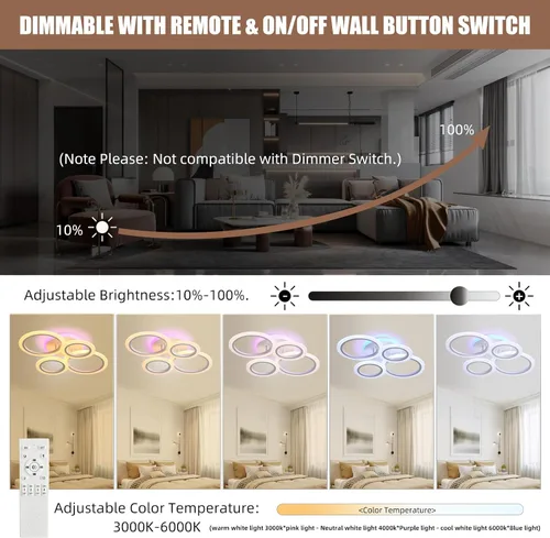 Vista 4 de Lámpara de techo moderna de montaje empotrado, regulable, 4 anillos, lámpara de cocina para sala de estar, dormitorio, lavandería, 3000-6000 K