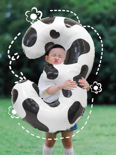 Vista 6 de Globo de 40 pulgadas con estampado de vaca, enorme vaca número 30, globo de helio de aluminio para decoración de fiesta de cumpleaños de 30 años, 30