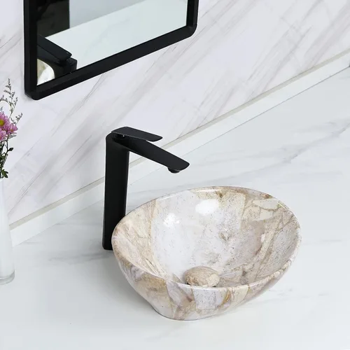 Vista 8 de Davivy Lavabo Ovalado de Veteado Nórdico de 16'' X 13'' con Desagüe Pop Up, Lavabo de Cerámica, Lavabos de Baño Sobre Encimera, Lavabos de Baño