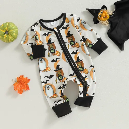 Vista 2 de Wrrkayly Ropa de Halloween para bebés niños y niñas, recién nacidos, manga larga, con capucha, mameluco de calabaza, fantasma, con cremallera