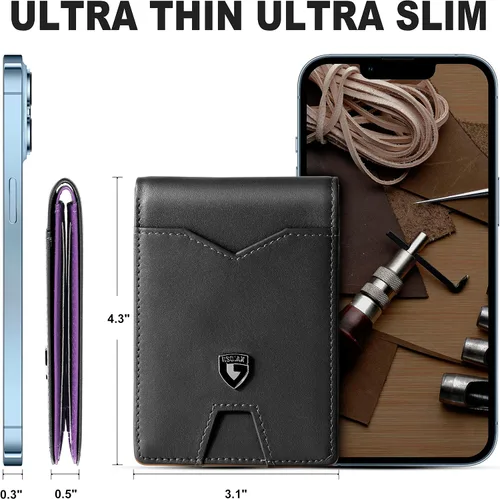 Vista 5 de GSOIAX Billetera delgada para hombre, minimalista, de piel auténtica, fibra de carbono, bloqueo Rfid, doble tarjetero con caja de regalo, Negro