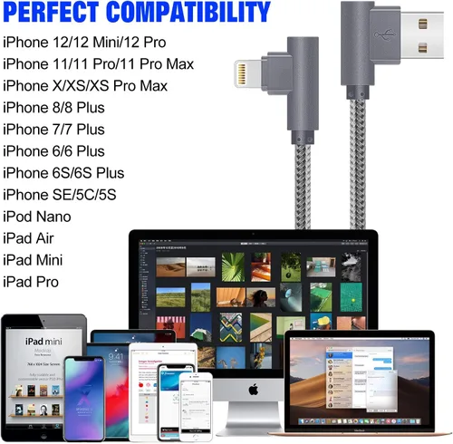 Vista 6 de APFEN Paquete de 3 cables de carga para iPhone de 6 pies y 90 grados, 2.4A, cable de carga súper rápida compatible con iPhone Xs