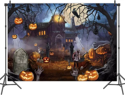 Vista 4 de Telón de fondo temático de Halloween para fotografía, castillo de fantasmas, luna, noche aterradora, calabaza, farol, cuervo, fondo de fotos