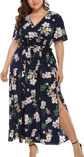 Vista 3 de Vestidos de talla grande para mujer, 2023 para primavera y verano, vestido de playa floral, elegante, romántico, con dobladillo fruncido, vestido