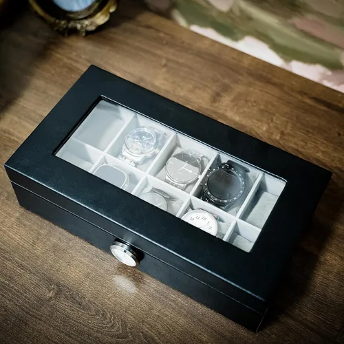 Vista 8 de Caja de reloj con 10 ranuras de vidrio transparente para hombres y mujeres, exquisito almacenamiento de reloj negro con piel sintética superior