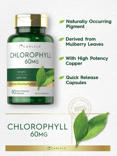 Vista 3 de Carlyle Cápsulas de clorofila 60 mg 90 píldoras complejas con cobre Suplemento sin OMG y sin gluten
