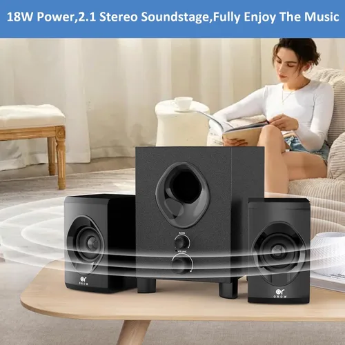 Vista 6 de Altavoces Bluetooth para computadora OROW, altavoz de PC con subwoofer, altavoces inalámbricos de 18W con perilla frontal, compatibles con AUX