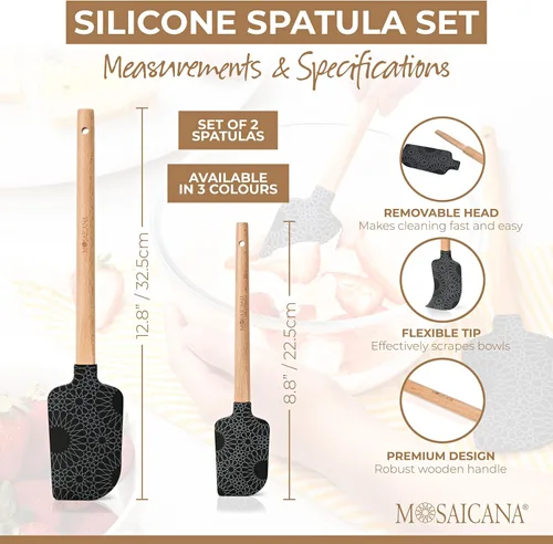 Vista 3 de Juego de 2 espátulas de silicona con mango de madera y patrón impresionante (negro)