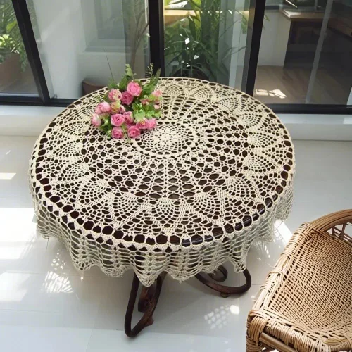Vista 8 de USTIDE Mantel redondo de algodón hecho a mano, color beige, para boda, 31 pulgadas