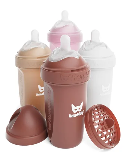 Vista 17 de Herobility Botellas Anti-Cólico Dobles para Bebé – 5 fl oz/140ml – Paquete de 4 – Multicolor – Blanco, Gris, Rosa, Rosa de Hawthorn