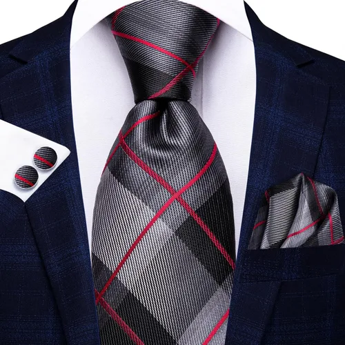 Vista 124 de Hi-Tie Corbata clásica de cachemira para hombre con pañuelo y gemelos a cuadros