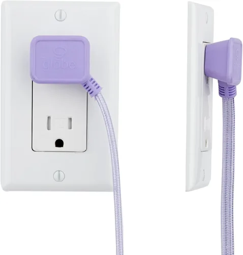 Vista 5 de GLOBE Electric 22892 Designer Series - Cable de extensión de tela de 9 pies, 3 salidas polarizadas, enchufe de ángulo recto, 125 voltios, morado