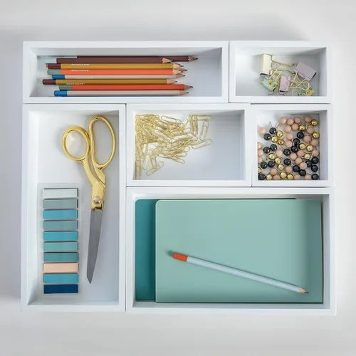 Vista 2 de Martha Stewart Enzo - Juego de organizadores de cajones de escritorio de madera, organizadores de madera de ingeniería en varios tamaños, 6 piezas