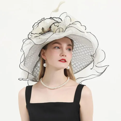 Vista 5 de Sombreros de organza para mujer, para fiesta, iglesia, derby, visera para el sol, sombreros, flores, tocados, fedoras de ala ancha grande