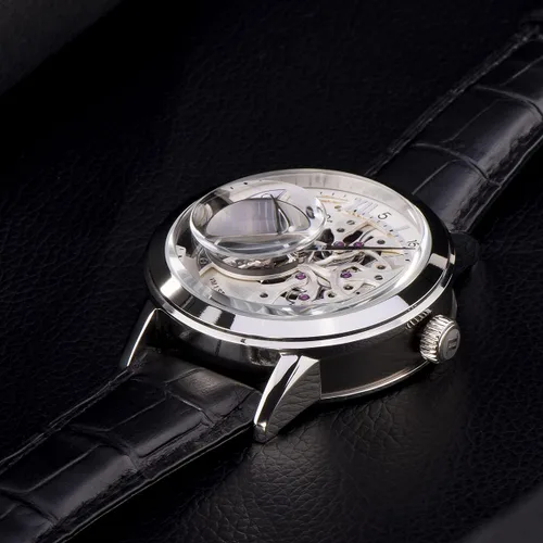 Vista 7 de OBLVLO Relojes de oro rosa de lujo para hombre, esfera esquelética, relojes automáticos, correa de cuero VM-1
