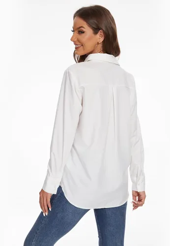 Vista 6 de YAMANMAN Camisas de vestir con botones para mujer, blusas de manga larga con cuello sin arrugas, blusas de trabajo sólidas Blanco