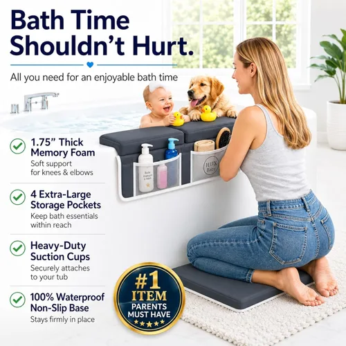 Vista 3 de Cómodo juego de rodilleras y coderas de baño para bebé, almohadilla antideslizante para bañarse, tapete acolchado para bañera, coderas, bolsillos