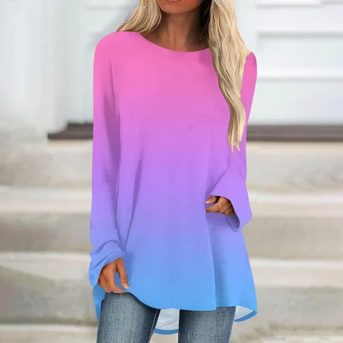 Vista 4 de Camisas de manga larga para mujer 2023 con estampado gráfico, sudaderas casuales plisadas con estampado degradado