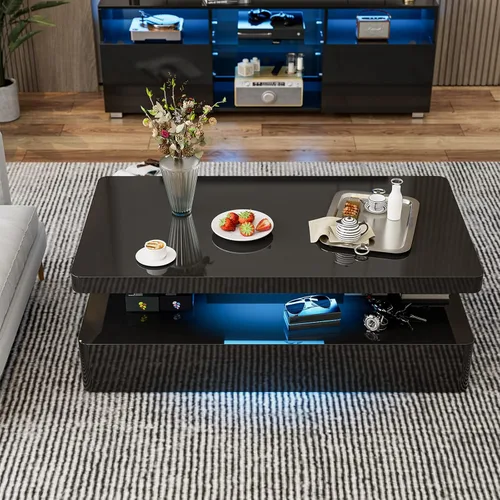 Vista 5 de Mesa de centro LED moderna, mesa de centro negra de alto brillo con luces LED de 16 colores, rectangular, 43.3 x 23.6 x 15.4 pulgadas Negro