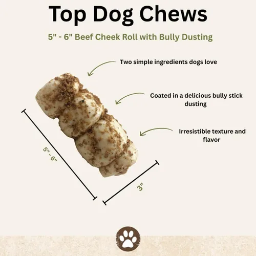 Vista 2 de Top Dog Chews Rollos de mejillas de ternera de búfalo de 6 pulgadas con chispas de polvo Bully, paquete de 5, huesos de perro de larga duración