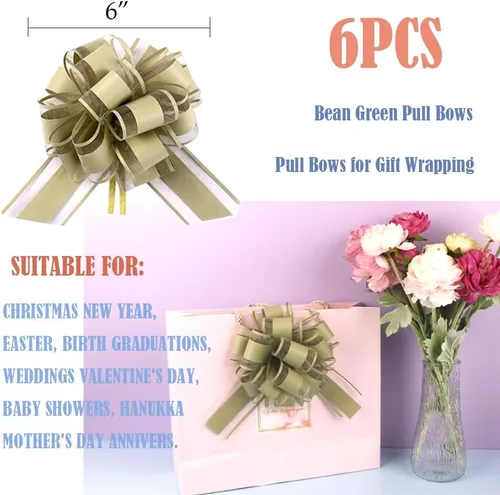 Vista 3 de 6 piezas de lazos de tirar, lazo de regalo verde frijol, 6 pulgadas, Navidad, fiesta, regalo de cumpleaños, boda, lazos de cinta para envolver cajas
