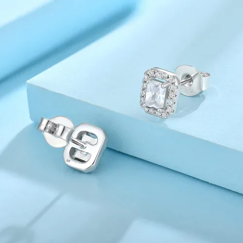 Vista 5 de Aretes de plata de ley 925 con halo de piedra natal con circonita cúbica 3A