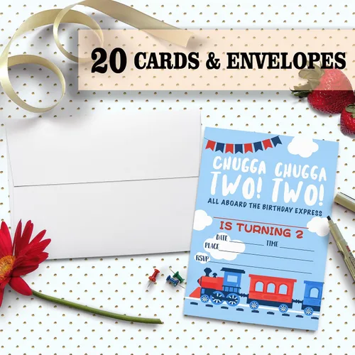 Vista 2 de Tarjetas de invitación para fiesta de cumpleaños, celebración de fiesta de tren de vapor, 2do cumpleaños Chugga Chugga Two Two Train, suministros