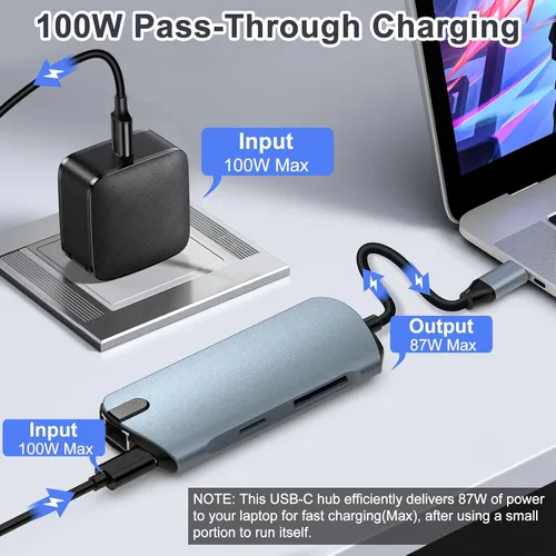 Vista 6 de Adaptador USB C Hub 8 en 1 Ethernet 4K HDMI para portátiles 4K @60Hz HDMI, 100W PD, 3x USB 3.0, 1Gbps Ethernet, lector SD/TF, para Mac/iPad/PC
