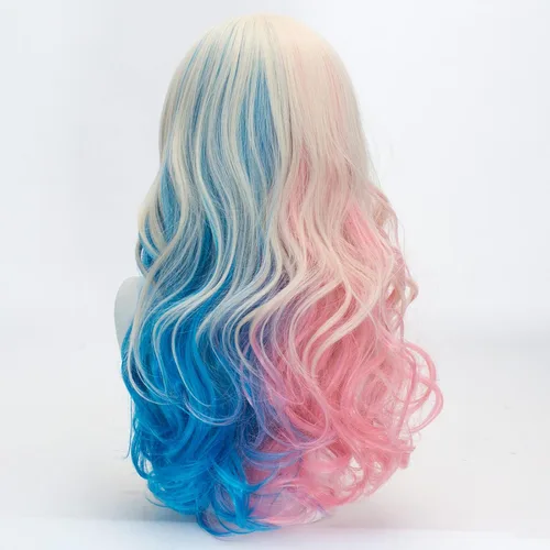 Vista 2 de Peluca rubia rizada de cosplay para mujer, peluca larga con raya media azul y rosa, disfraz de Halloween