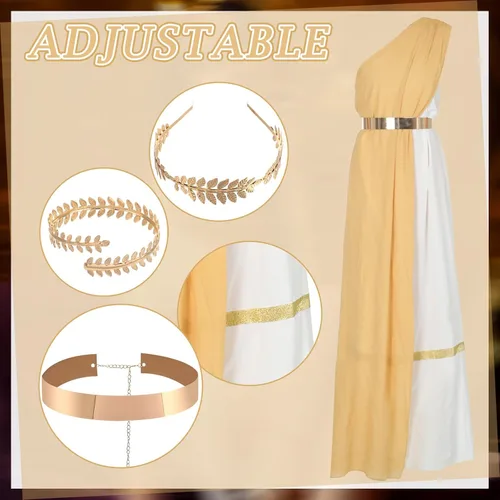 Vista 3 de Haull Disfraz de Toga dorado de 5 piezas para mujer, disfraz de Athena para adultos, trajes griegos con corona griega en la cintura para Halloween