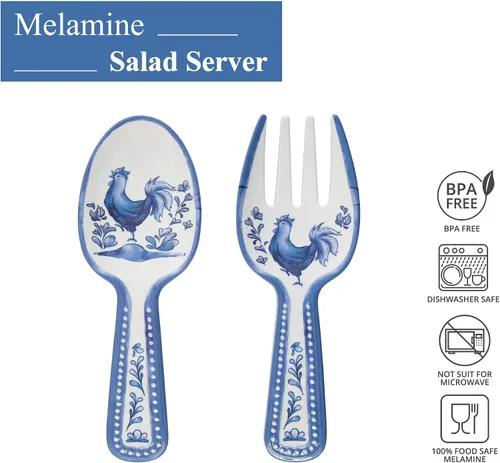 Vista 5 de UP ware Blue Rooster - Servidores de ensalada de melamina, juego de utensilios para servir, incluye tenedor y cuchara para tirar ensalada, pasta