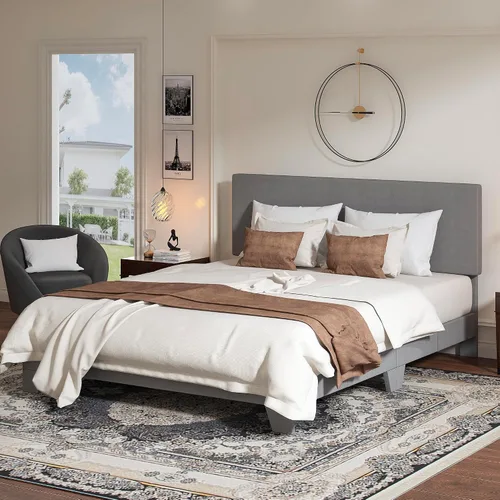 Vista 9 de WEEWAY Base de cama de plataforma tapizada completa con cabecero ajustable y listones de madera fuertes, base de colchón resistente, no necesita